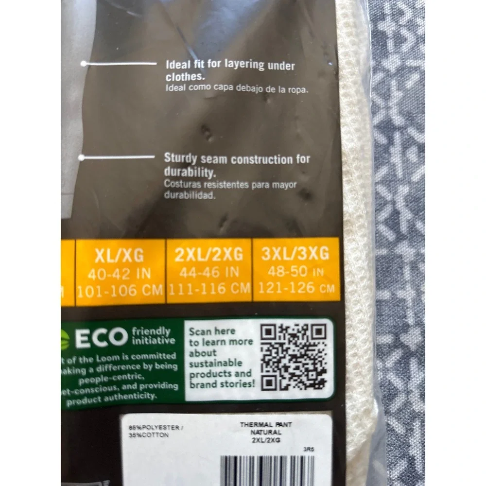 Fruit of the Loom Thermal Pant Mens 2XL Natural NEW Waffle Knit Base Layer